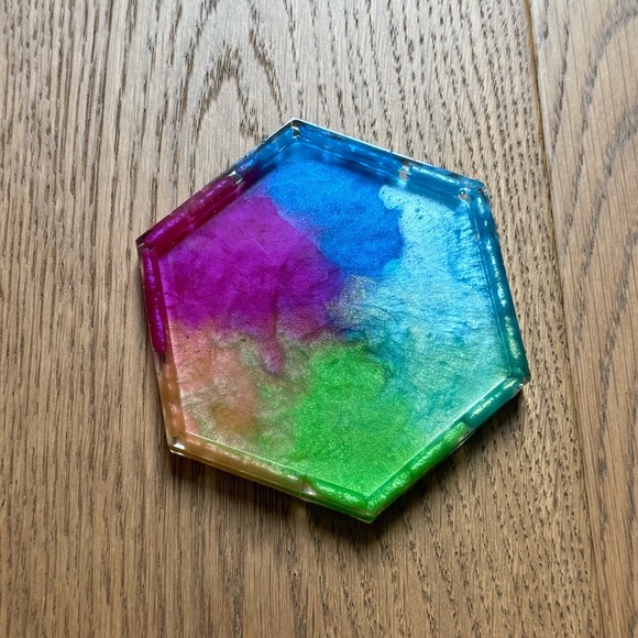 Acrylic Epoxy Jewelry Catchall Tray - Rainbow Metallic - 4” x 4.5” - Custom Made - Picture 4 of 8